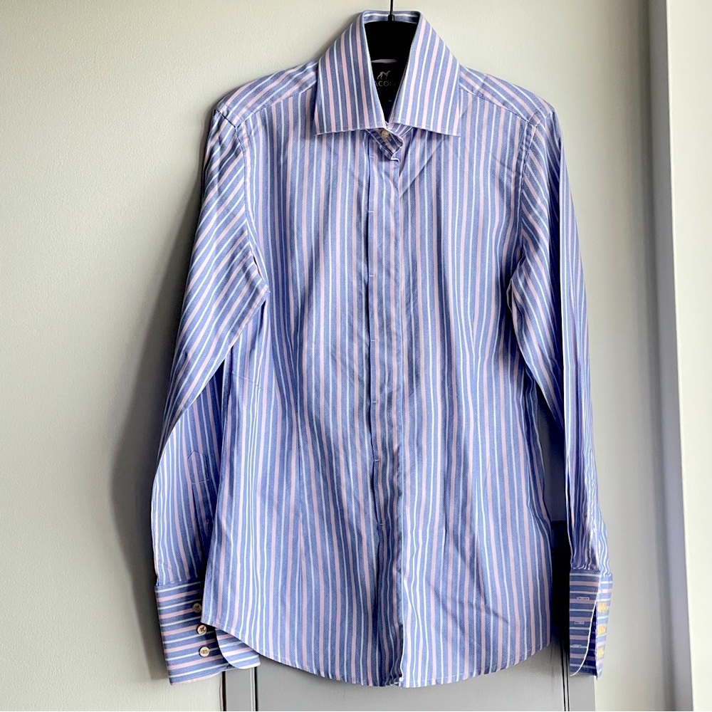 NWOT SACOOR BROTHERS Blue, Pink and White Striped Button Down Shirt